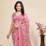 Pink Floral Embroidered Party Wear Saree in Net Fabric with Lavish Detailing